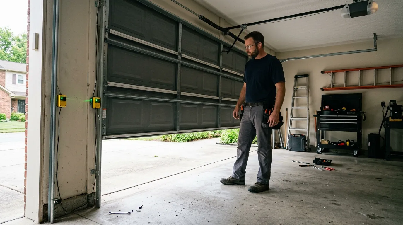 Garage door technician repairing an older garage door in Charleston West Virginia