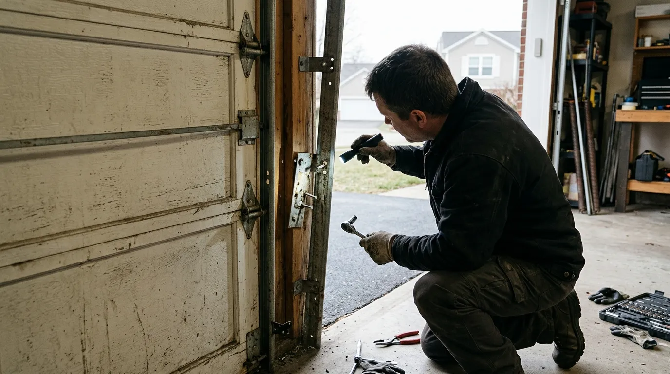 Garage door detail illustrating why a door goes off track in charleston homes