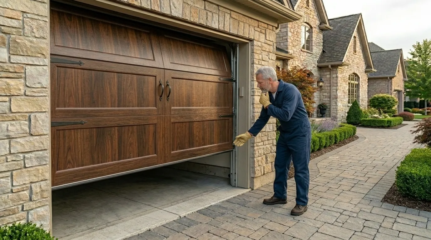 Garage door technician inspecting springs rollers tracks and opener in Charleston West Virginia